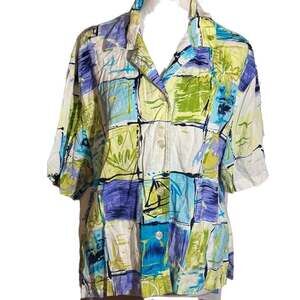 Vintage 90s Ali Miles Geometric Abstract Print Linen Tunic Top